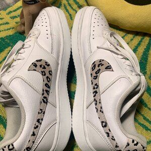Women's Size 9.0 Nike "Court Vision Low" White with Leopard Swoosh Very Clean